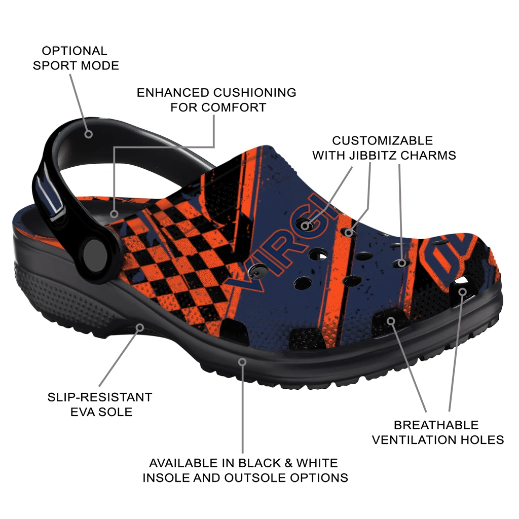 Virginia Cavaliers Clogs - Personalized Checkered Streaks Blue Black 5