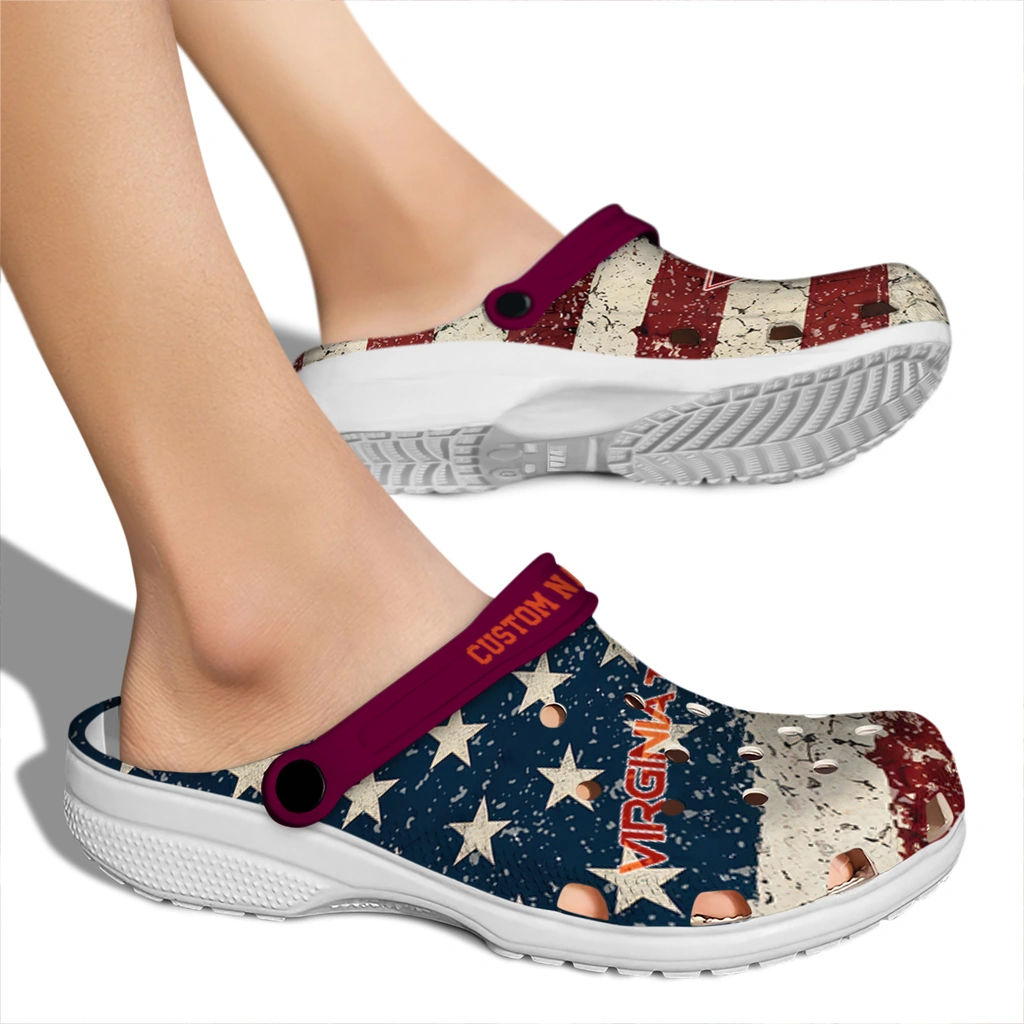 virginia-tech-hokies-clog-personalized-distressed-stripes-maroon-red-blue-fashion-forward.webp