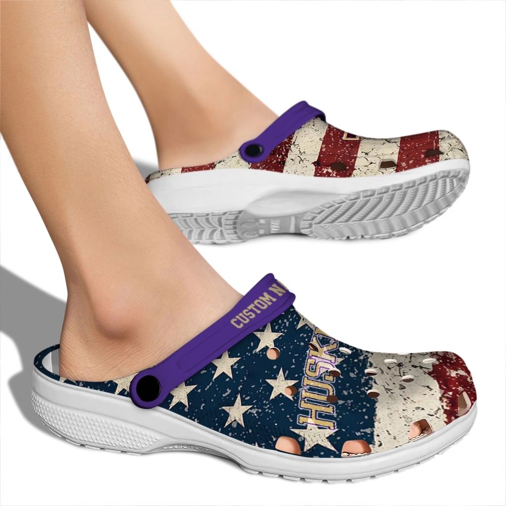 washington-huskies-clog-custom-distressed-stripes-purple-red-blue-fashion-forward.webp