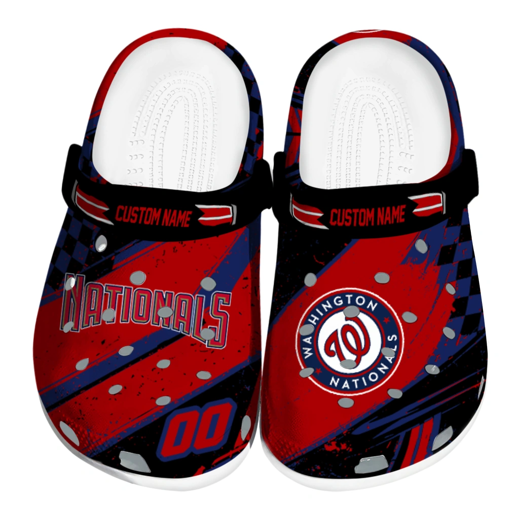 Washington Nationals Clogs - Customized Circuit Geometry Red Black 1 washington nationals clog customized checkered streaks red black best selling 1