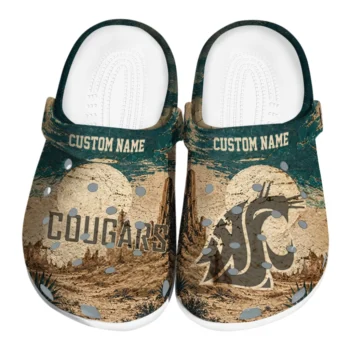 Washington State Cougars Clogs - Customized Cracked Landscape Fir Green Beige