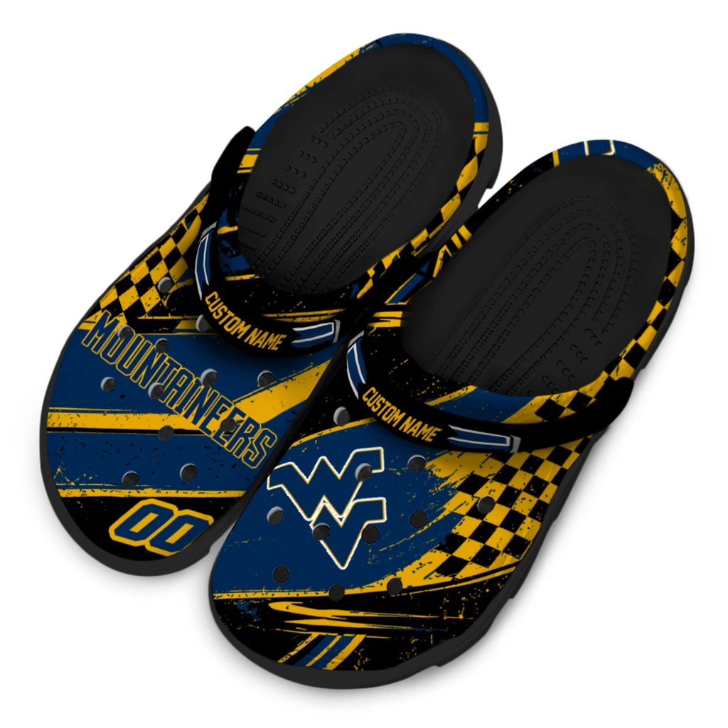 west-virginia-mountaineers-clog-custom-checkered-streaks-blue-black-latest-model.webp