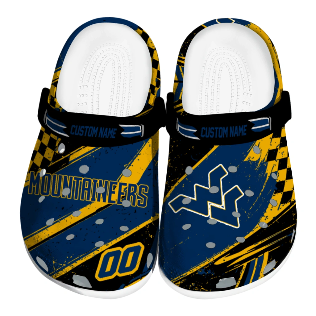West Virginia Mountaineers Clogs - Custom Checkered Streaks Blue Black 1 west virginia mountaineers clog customized checkered streaks blue black best selling