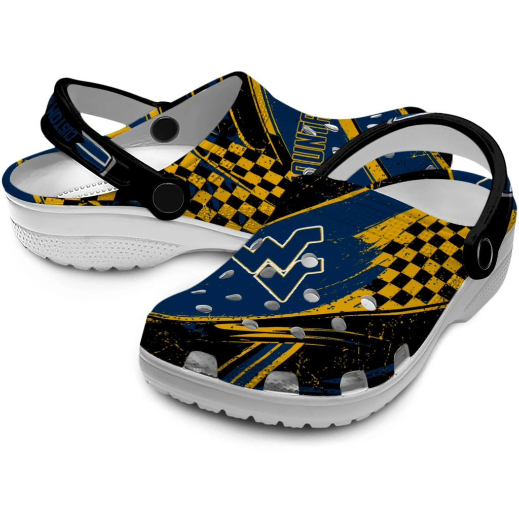 West Virginia Mountaineers Clogs - Custom Checkered Streaks Blue Black 3