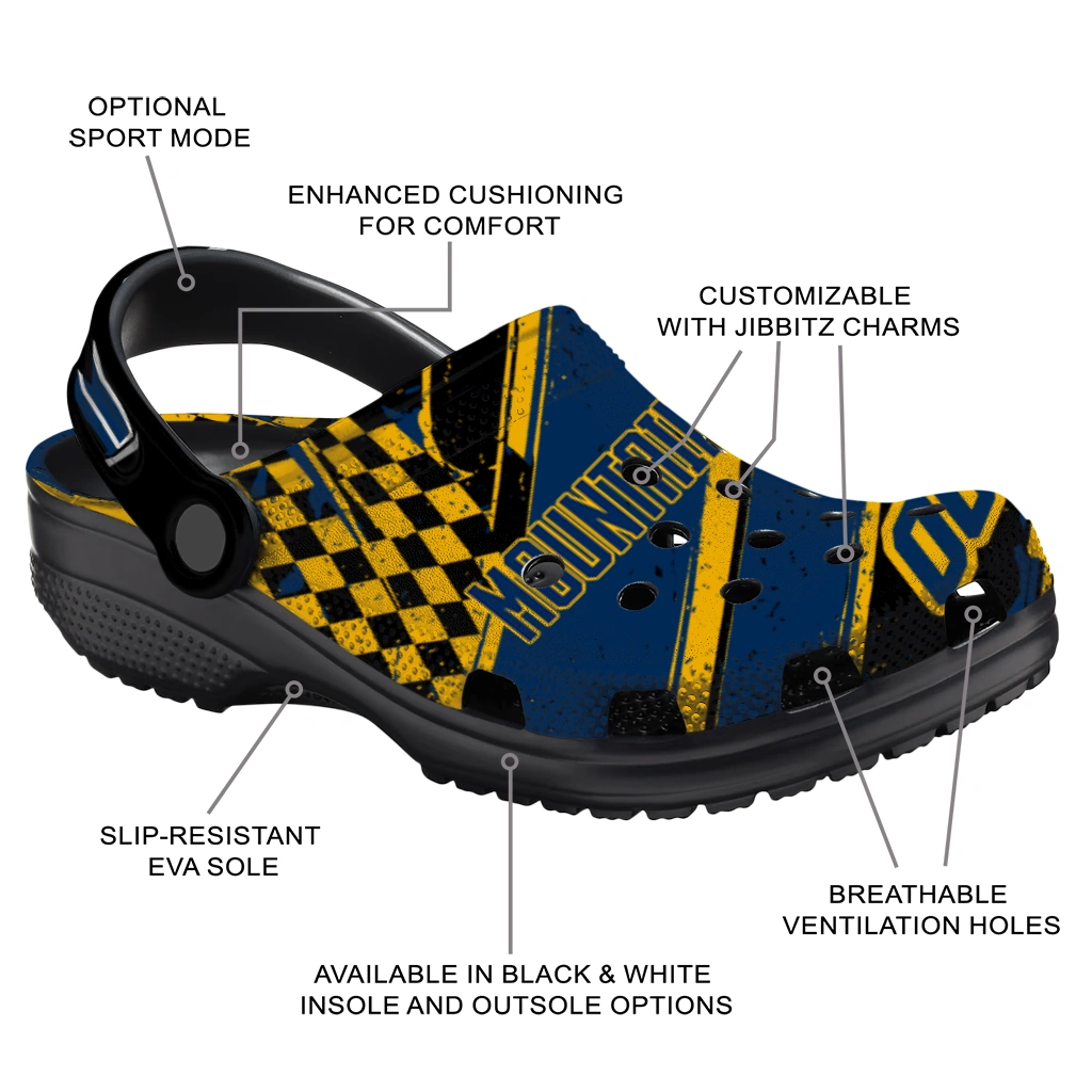West Virginia Mountaineers Clogs - Custom Checkered Streaks Blue Black 5