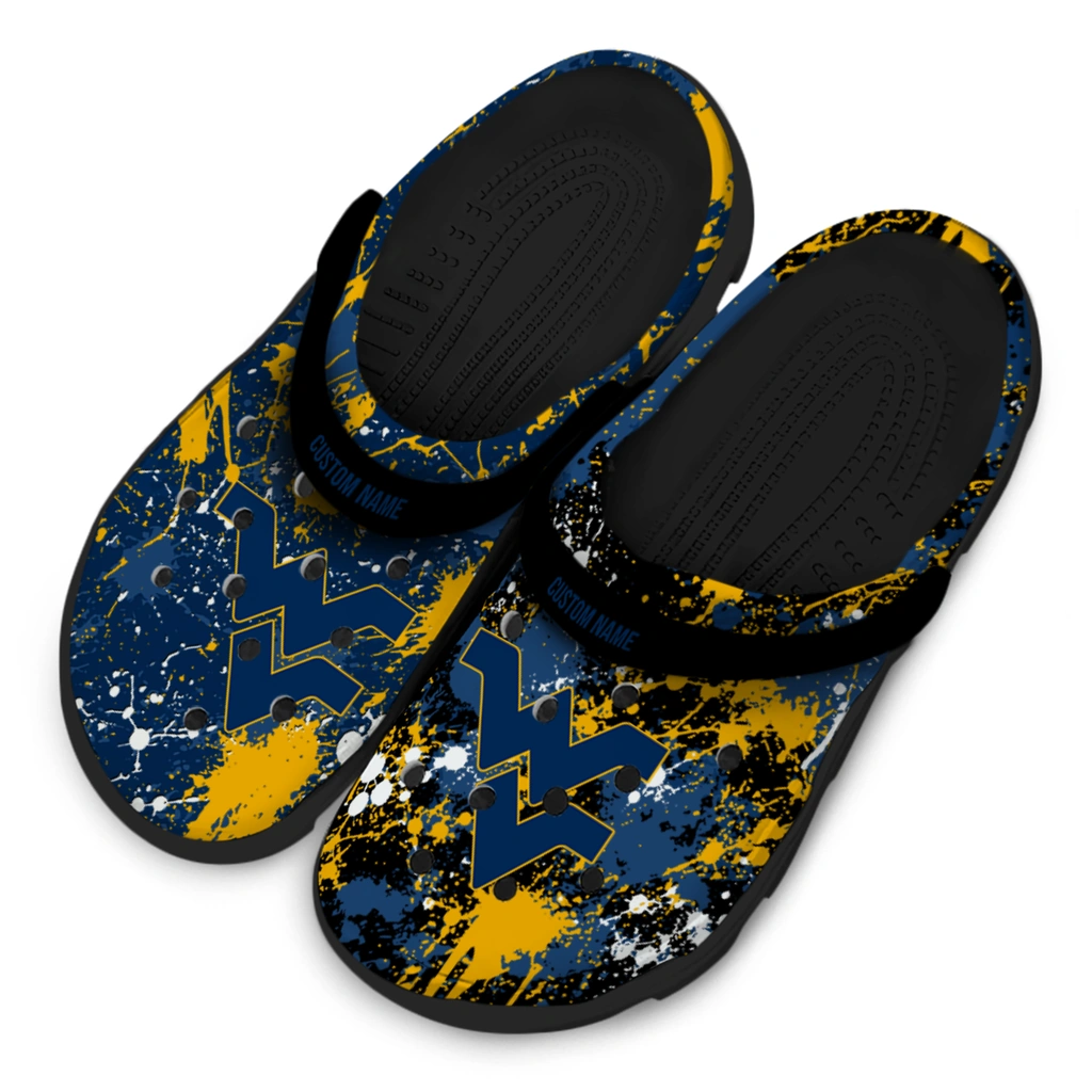 west-virginia-mountaineers-clog-personalized-splatter-splash-blue-black-latest-model.webp