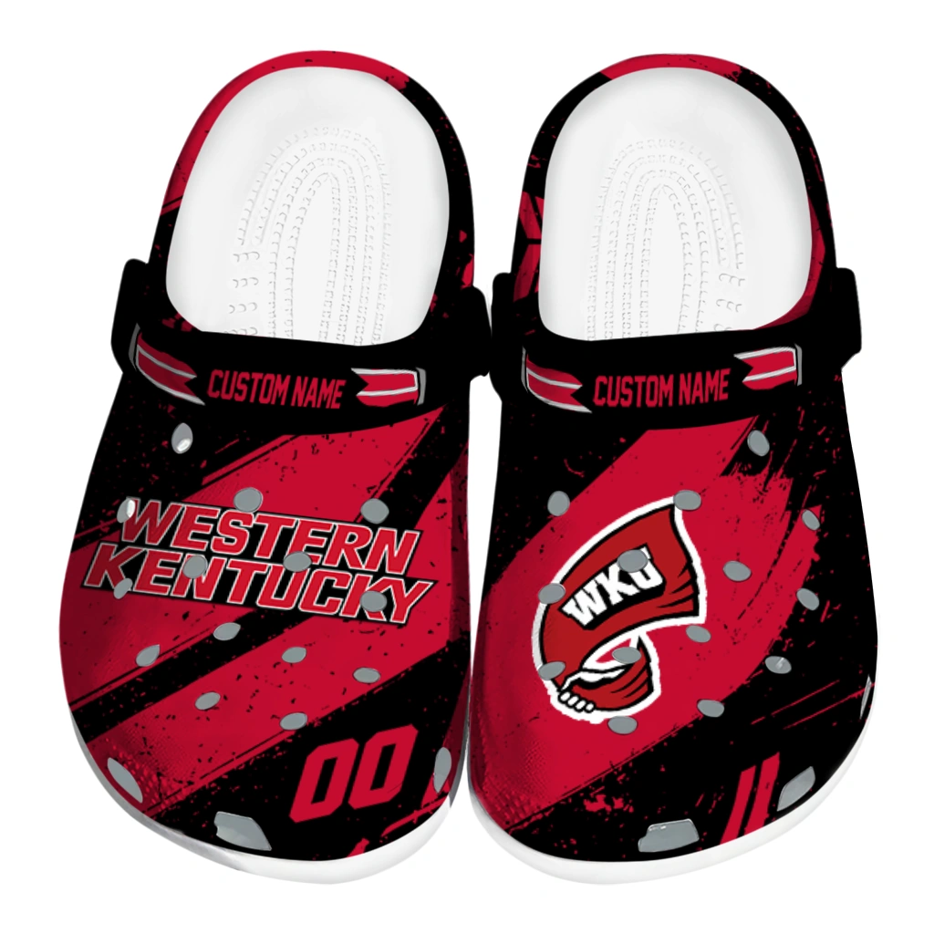 Western Kentucky Hilltoppers Clogs - Custom Circuit Geometry Red Black 1 western kentucky hilltoppers clog custom checkered streaks red black best selling 1