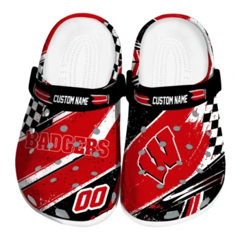Wisconsin Badgers Clogs - Customized Checkered Streaks Red Black