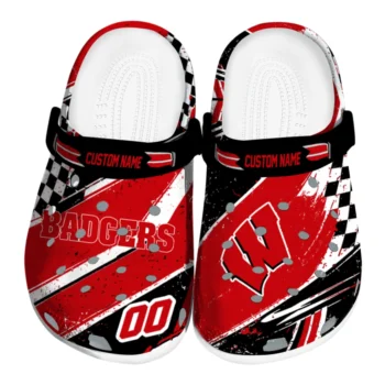 Wisconsin Badgers Clogs - Customized Checkered Streaks Red Black