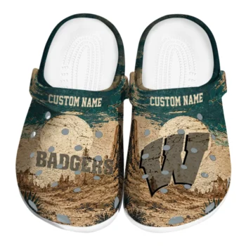 Wisconsin Badgers Clogs - Personalized Cracked Landscape Fir Green Beige