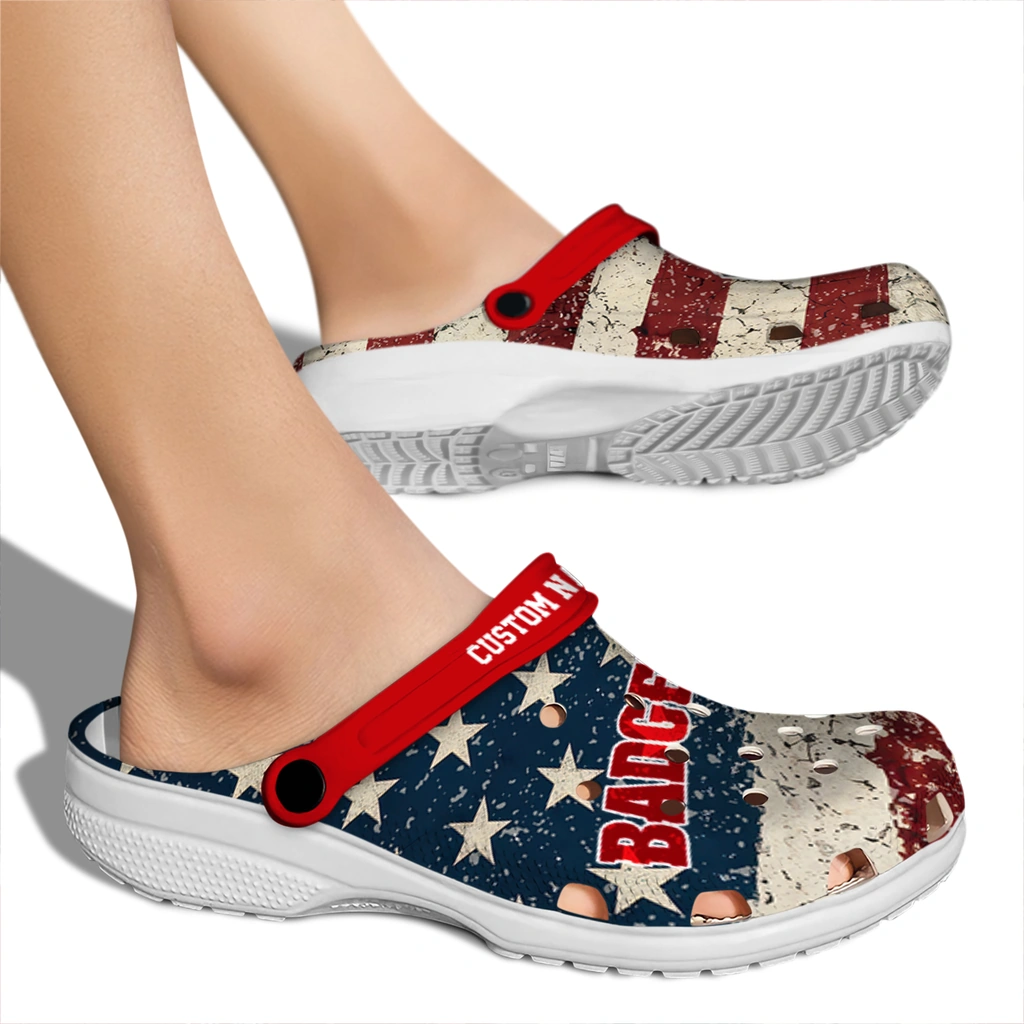wisconsin-badgers-clog-personalized-distressed-stripes-red-blue-fashion-forward.webp