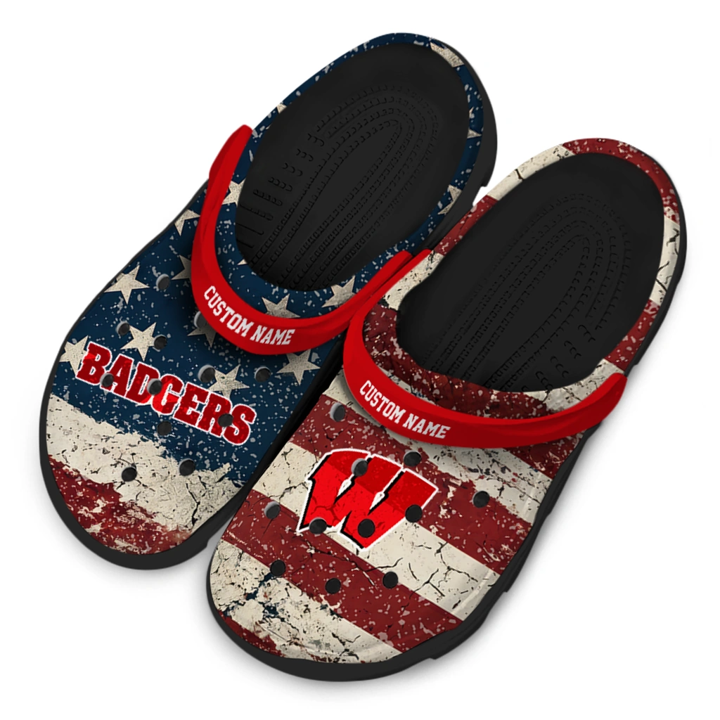 wisconsin-badgers-clog-personalized-distressed-stripes-red-blue-latest-model.webp