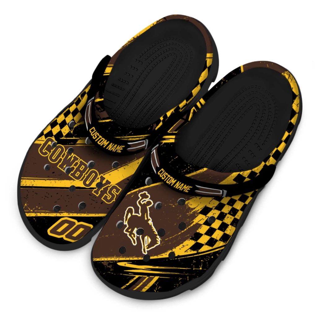 wyoming-cowboys-clog-customized-checkered-streaks-brown-black-latest-model.webp
